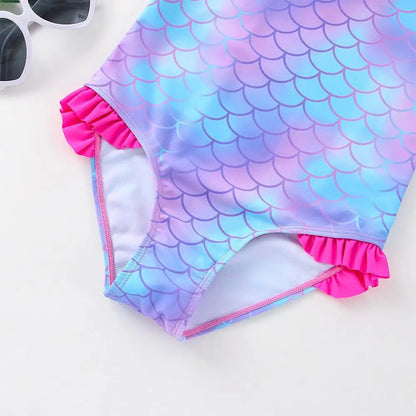 Girls' "Mermaid Heart" One-Piece Swimsuit: Colorful Scale Pattern with Asymmetric Ruffles