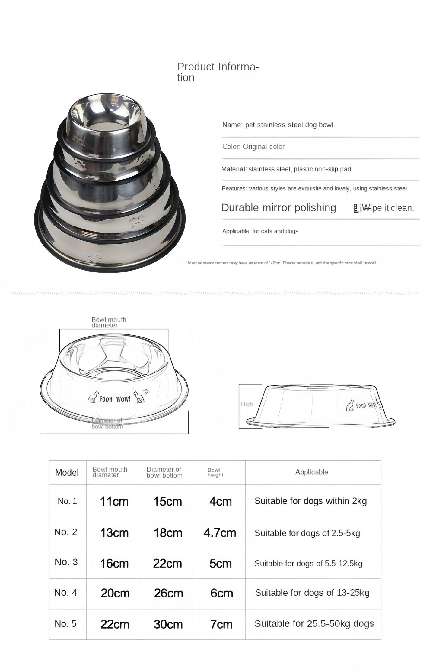 Pet Dog Cat Stainless Steel Bowl Pet Feeding Bowl Cat and Dog Drinking Bowl Metal Feeder Bowl Durable Easy To Clean Pet Supplies