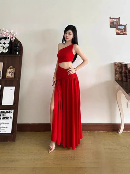 Original Quality French Style White Sleeveless Asymmetrical Shoulder Summer Long Dress Women's Holiday Feelings Skirt