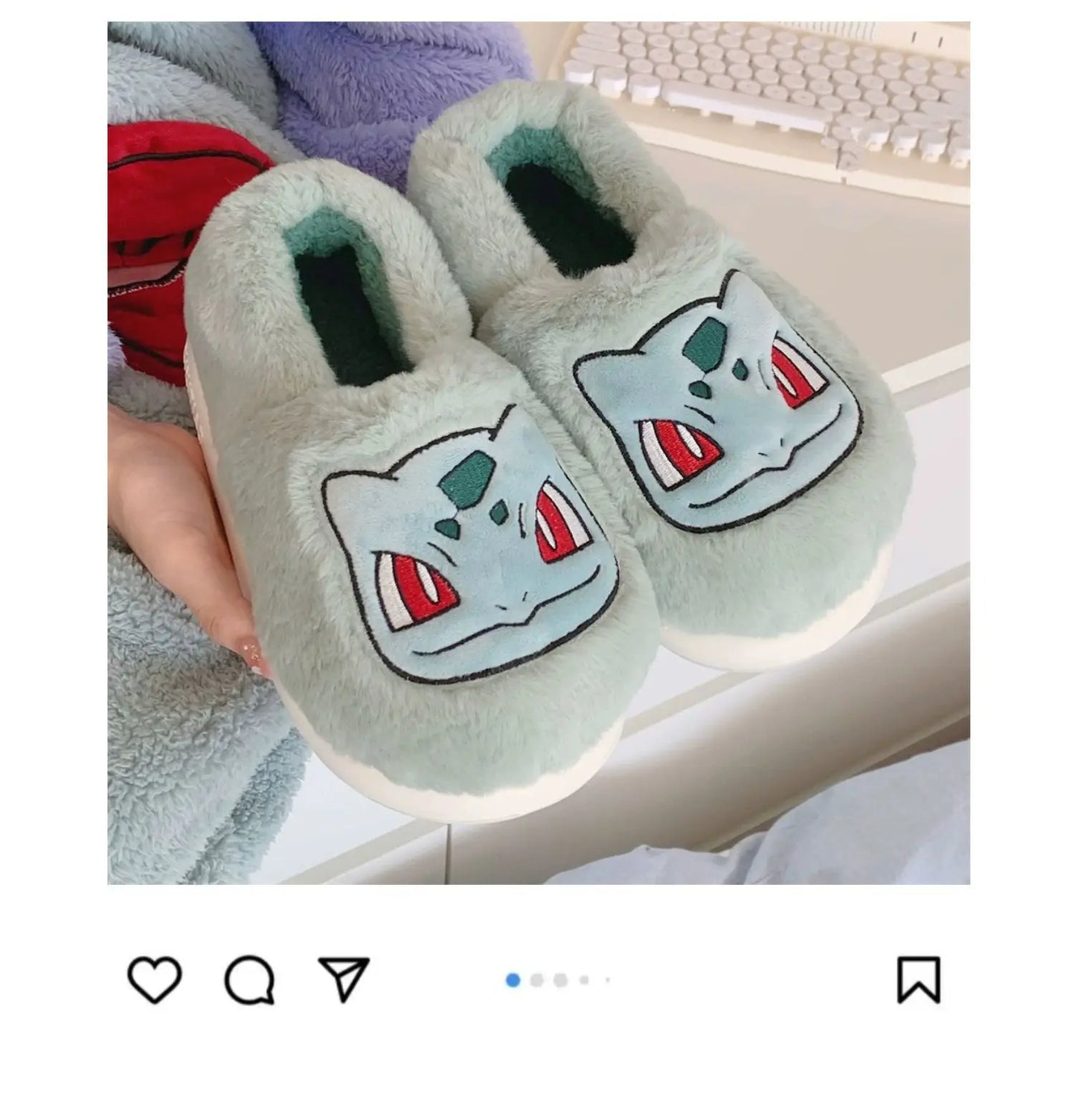 Pokémon Genuine Bulbasaur Indoor Fall and Winter Plus Velvet Warm Soft-soled Comfortable Cotton Slippers for Men and Women