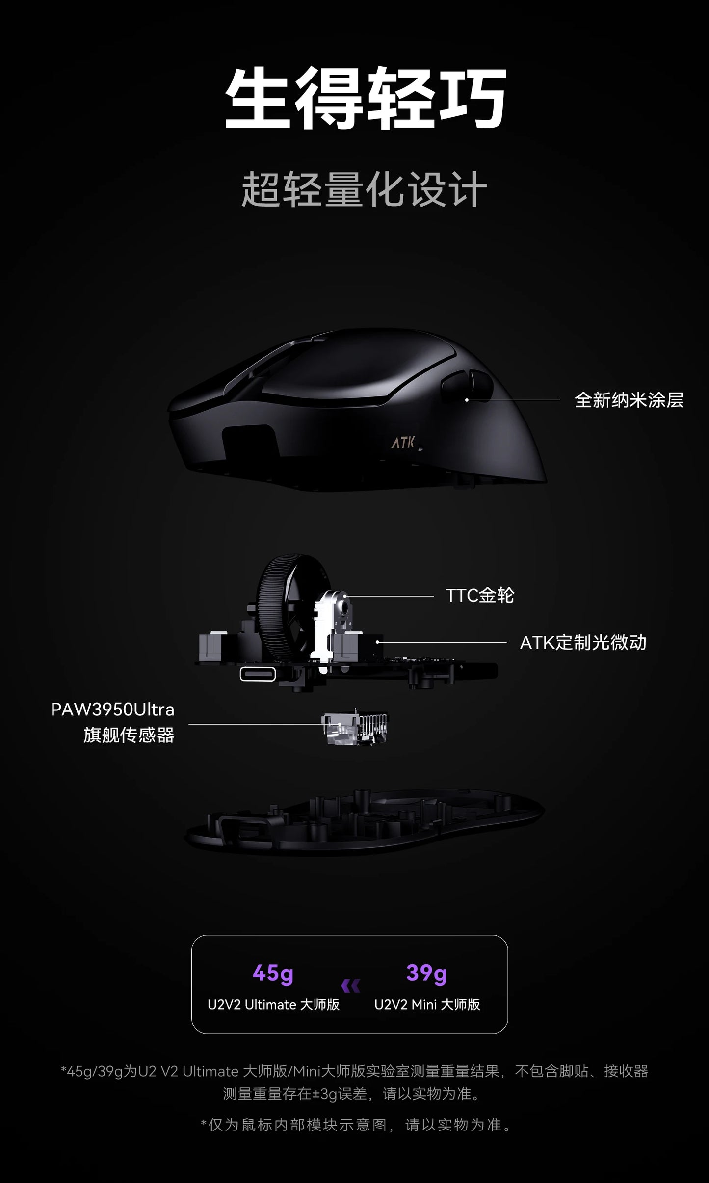 ATK Blazing Sky U2V2 Lightweight Gaming Mouse 39g 3 Mode Wireless with Paw3950 8000Hz Paw3395 for FPS Gamers PC Accessories