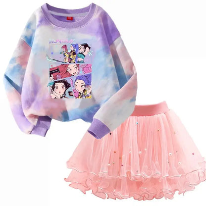 Girls' K-Pop HUNTRX Autumn Set: Pink Tie-Dye Sweatshirt & Pearl Tulle Princess Skirt