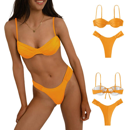 Classics Basics Women Swim Bikini Suit, Solid Color Pleated Sleeveless Bra+ Shorts Briefs Swimwear Swimsuit