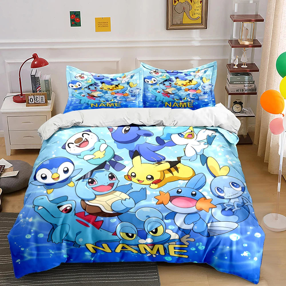 3PC Custom Name Pokemon Cartoon Print Bedding Set Duvet Cover 1 Duvet Cover 2 Pillowcases Adult and Children Bedding Set Luxury