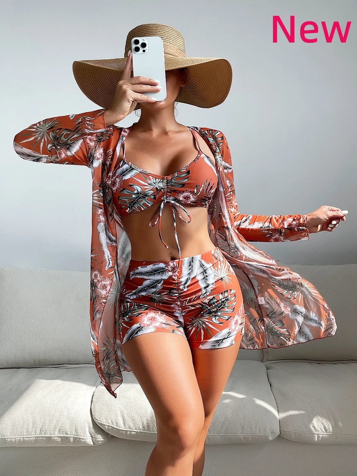 Three Pieces Bikini Set Cover Up Women 2023 New Push Up Twist Swimsuit Print Long Sleeve Swimwear Biquini Bathing Suit Summer