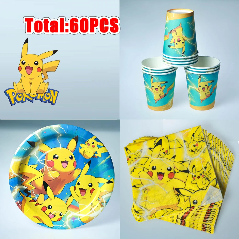 60pcs Pokemon Tableware Pikachu Birthday Decoration Disposable Cups Plates Napkins Happy Birthday Baby Shower Supplies Toys ﻿