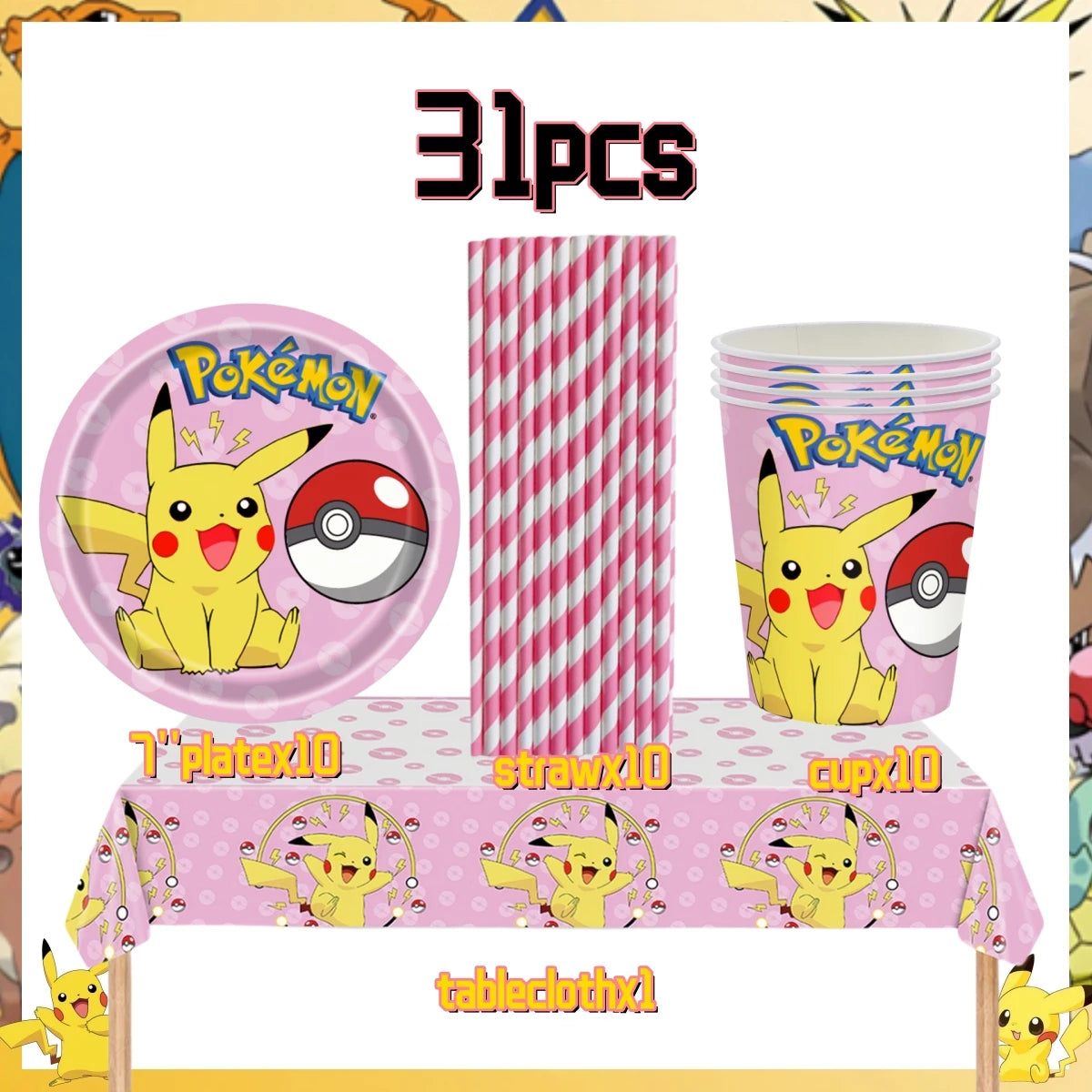 Pink Pokemon Birthday Party Decoration Disposable Tableware Set Pikachu Tablecloth Cup Plate Baby Shower Kids Diy Party Supplies
