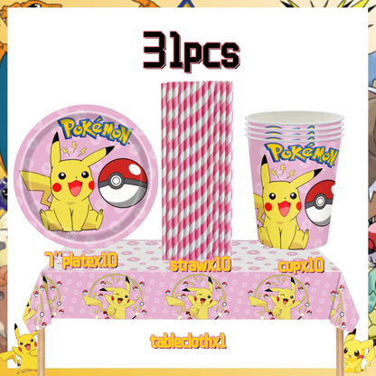 Pink Pokemon Birthday Party Decoration Disposable Tableware Set Pikachu Tablecloth Cup Plate Baby Shower Kids Diy Party Supplies