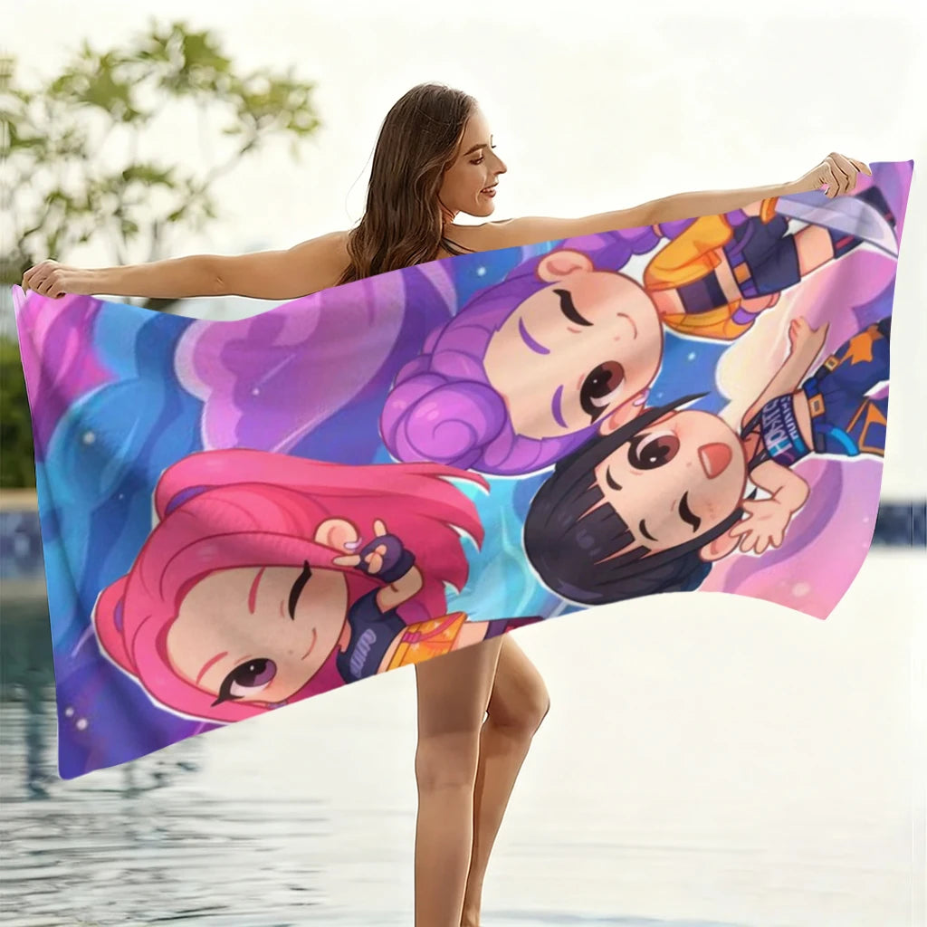 1pc Cute Chibi Girls Beach Towel Pink Purple Cartoon Quick Dry Microfiber Bath Towel for Swimming Surfing Camping Unisex Holiday