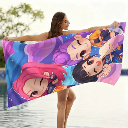 1pc Cute Chibi Girls Beach Towel Pink Purple Cartoon Quick Dry Microfiber Bath Towel for Swimming Surfing Camping Unisex Holiday