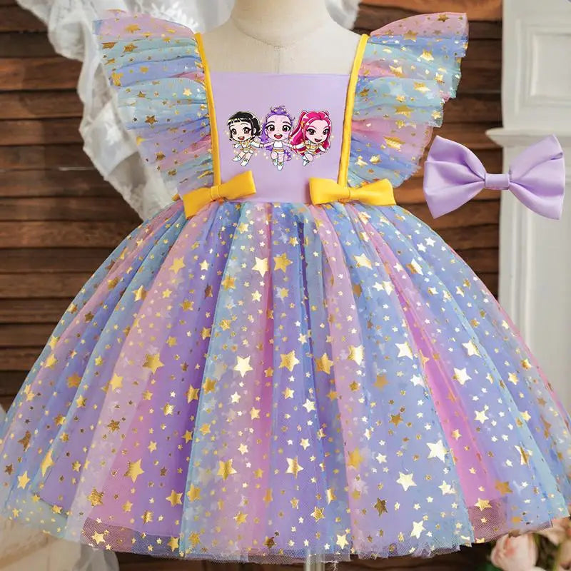 Girls' K-Pop "Starry Gala" Tutu Dress: Rainbow Tulle Gown with Gold Sequins & Ruffle Sleeves