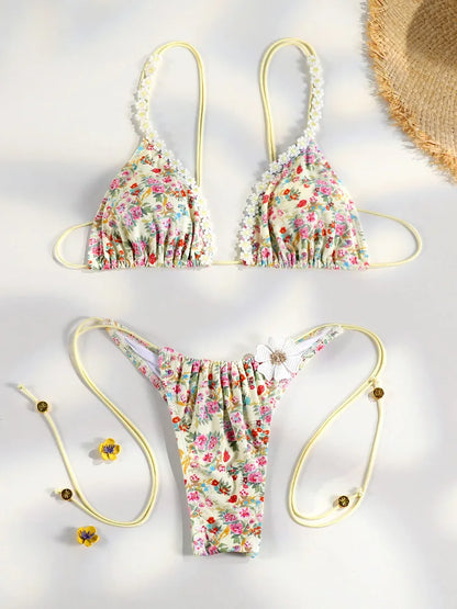 Sexy Triangle Lace Bikini Sets Micro Thongs Swimsuit Women Bathing Suit Biquini Bandage Beachwear Print Swimwear Thong Bikini