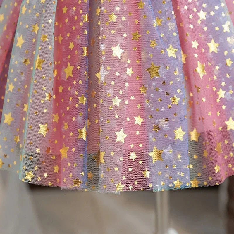 Girls' K-Pop HUNTRX "Holiday Star" Tutu Dress: Rainbow Tulle Gown with Gold Sequins & Ruffle Wings