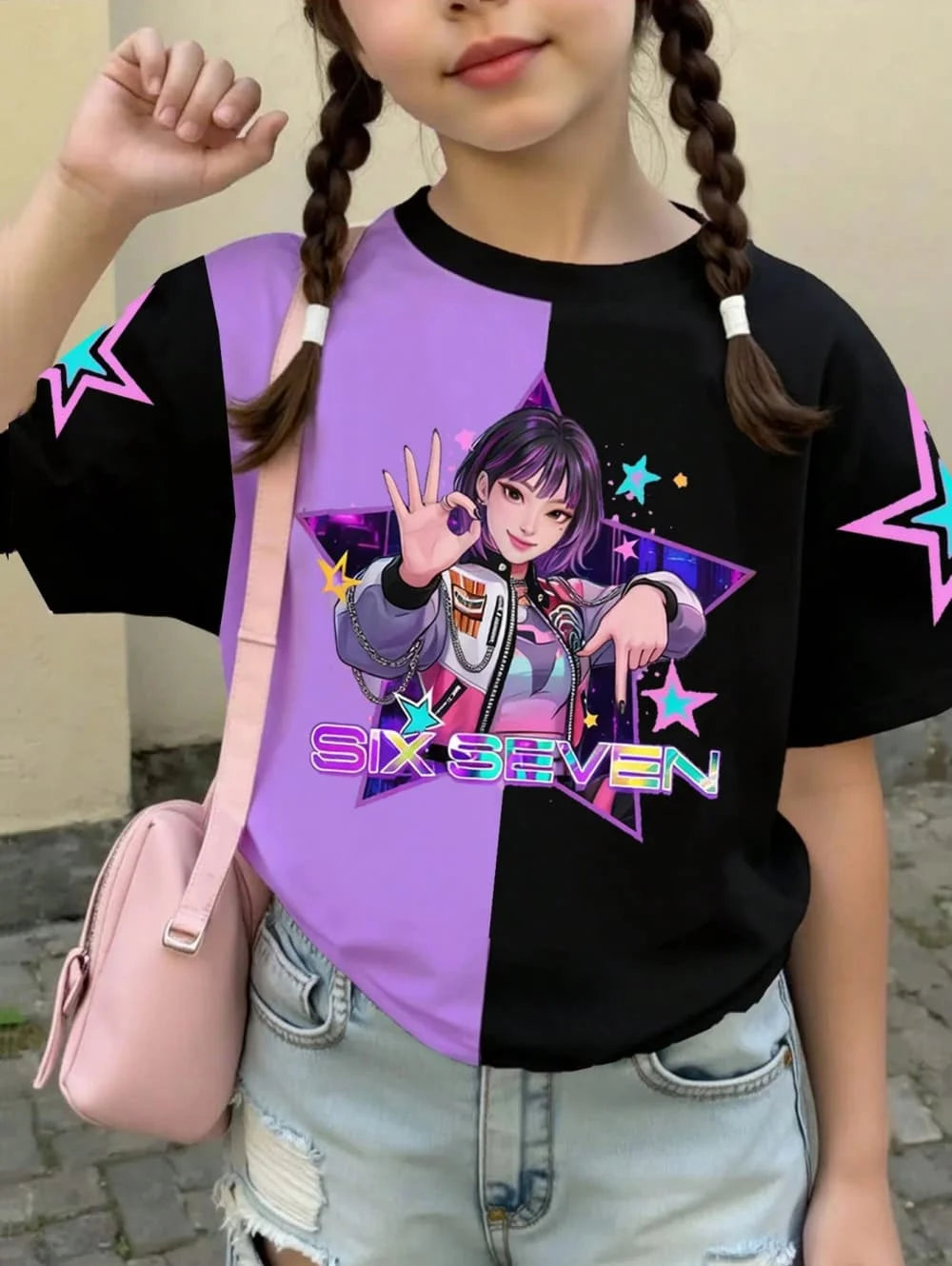 Kpop Cartoon Graphic Girls T-Shirt Casual Round-Neck T-Shirt Suitable for Girls Kids Gift Short Sleeve Tops Children's Clothing