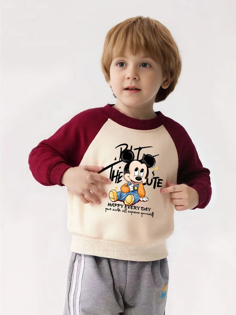 Mickey Printed Spring Autumn New Children Sweatshirts Kids Fashion O Neck Hoodies Baby Boys Spliced Long Sleeved Casual Pullover