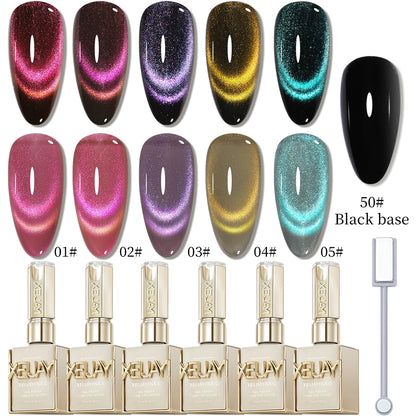 XEIJAYI 15ml 6pcs cat eye Gel Nail Polish set,Sparkling Translucent Effect for Salon, 5Colors cat Eye with Black color Quality