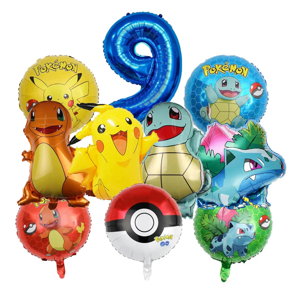 10pcs Cartoon Theme Party Balloon jump Pikachu Little Fire Dragon Jenny Turtle Foil Balloon Kids Birthday Party Decoration Gifts