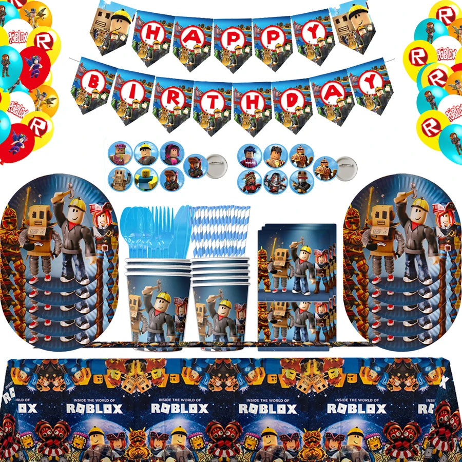Roblox Theme Party Supplies Birthday Decorations Tableware Paper Cups Balloon Tablecloth Gift Bag Banner Cake Topper Baby Shower