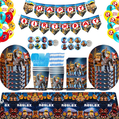 Roblox Theme Party Supplies Birthday Decorations Tableware Paper Cups Balloon Tablecloth Gift Bag Banner Cake Topper Baby Shower