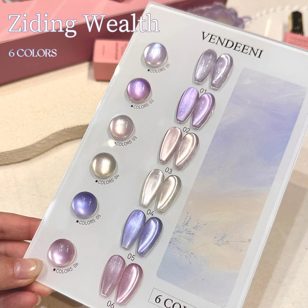 Vendeeni 6 Colors Crystal Cat Eye Gel Nail Polish Set Semi Permanent Sparkling Magnetic UV LED Soak Off Gel Varnish With Display