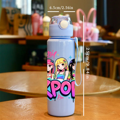 Kids' K-Pop "Idol Dreams" Portable Water Bottle: 3D Printed Leak-Proof Bottle with Lanyard