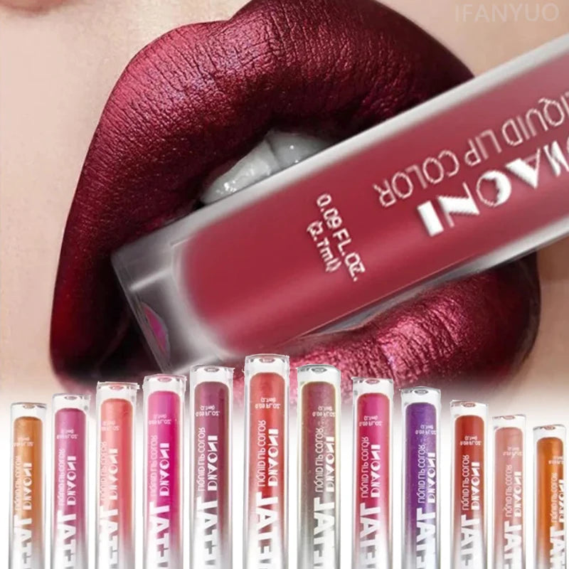 12 Colors Glitter Metallic Liquid Lipstick Pearlescent Waterproof Shiny Lip Gloss Non-stick Cup Long Lasting Shimmer Lips Makeup