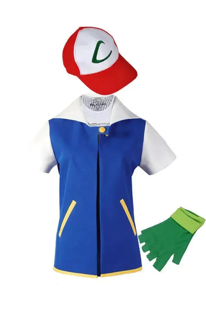 Pokemon Ash Ketchum Figures Men Cosplay Costume Blue Jacket Boys For Halloween Party Trainer Gloves Cap Set Anime Christmas Gift