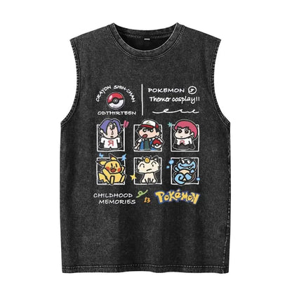 Anime Pokemon Print Men's Tank Top Man Sleeveless Shirt Summer Y2k Clothes Vintage Washed Vest Oversized T Shirts Gym Clothes
