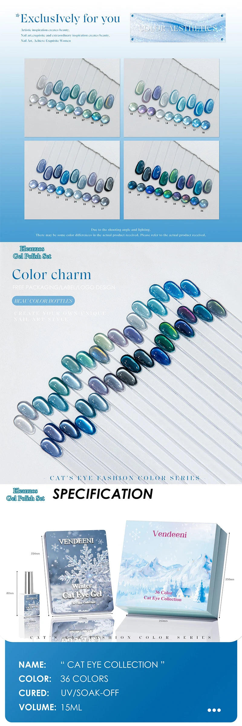Cat Eye Gel Nail Polish 36 Colors Glacier & Island Blue Trendy Super Bright Glass Bead High Shine Long Lasting Soak Off UV LED
