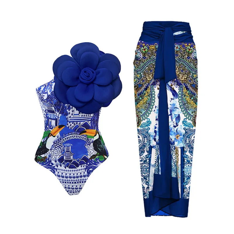 2024 Sexy Women's Swimsuit with Skirt One-Piece Swimwear Vintage Ruffle V Neck Cover Up Bikinis Set Beachwear Bathing Suit