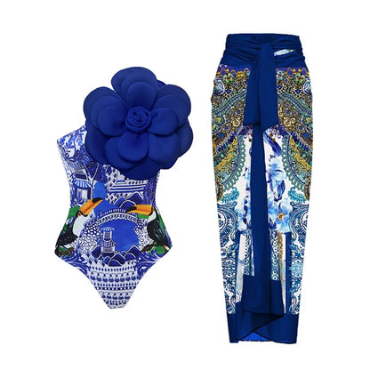 2024 Sexy Women's Swimsuit with Skirt One-Piece Swimwear Vintage Ruffle V Neck Cover Up Bikinis Set Beachwear Bathing Suit