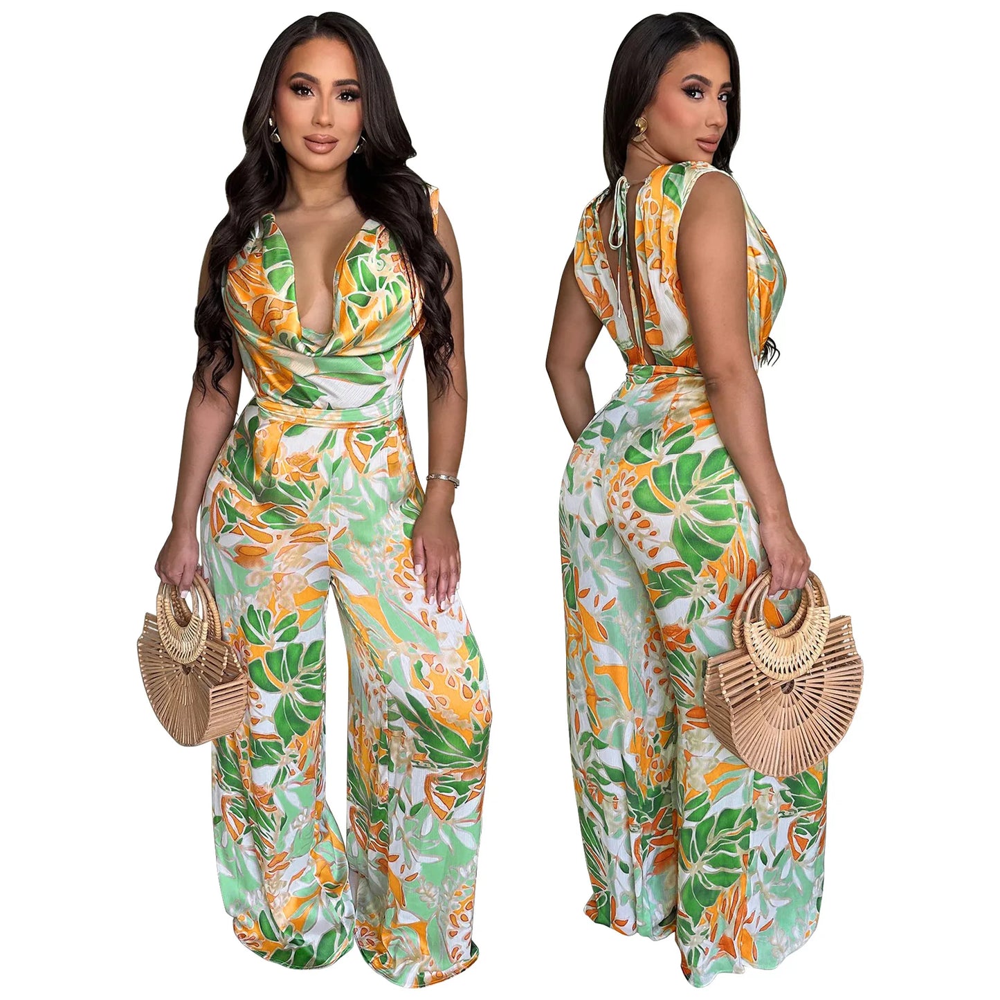 Summer Women 2025 Outfits Beach Jumpsuit Cover Up For Female Swim Swimsuit Sexy Tunic Sleeveless Lace Up Wide Leg Printed Romper