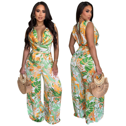 Summer Women 2025 Outfits Beach Jumpsuit Cover Up For Female Swim Swimsuit Sexy Tunic Sleeveless Lace Up Wide Leg Printed Romper