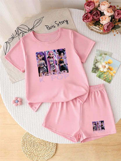 Girls' K-POP Metallic Stars 2-Piece Outfit: Futuristic Idol Print Tee & Shorts Set
