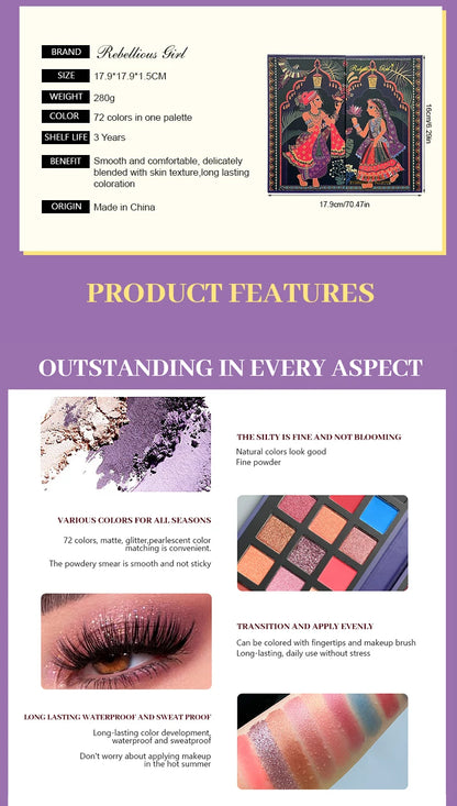 72 Colors Glitter Eyeshadow Palette Matte Waterproof Long Lasting Pressed Powder Cosmetics Kit Fashion Women Eye MakeUp Pallet