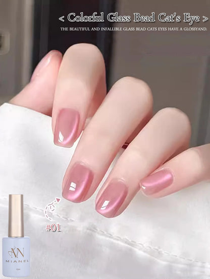 MIANEL 12ML Glass Bead Cat Eye Gel Nail Polish Flash White Spar Nude Color Magnetic Nail Polish White Nails Summer Nails 1-12pcs