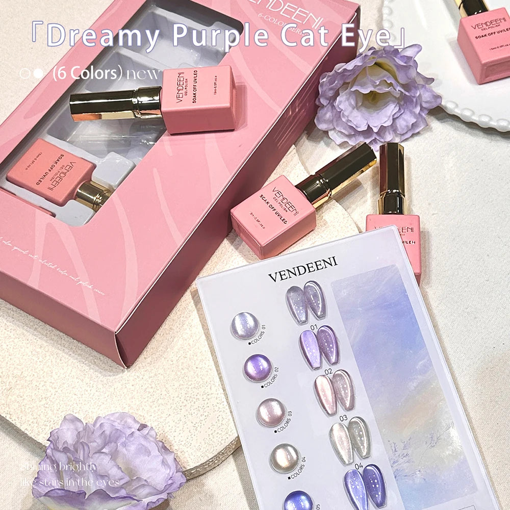 Vendeeni 6 Colors Crystal Cat Eye Gel Nail Polish Set Semi Permanent Sparkling Magnetic UV LED Soak Off Gel Varnish With Display