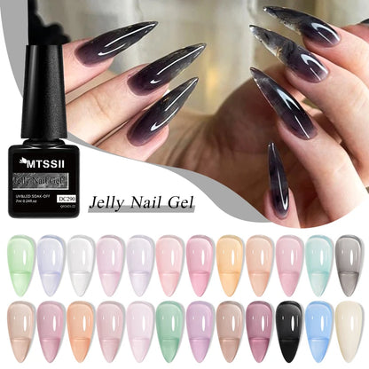 MTSSII 6Pcs/Set Jelly Gel Nail Polish Jelly Transparent Pink Green Black Blue UV Gel Nail Art Varnish Kit Spring Manicure Nails