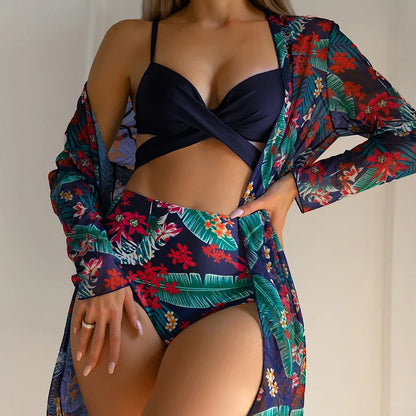 Three Pieces Bikini Set Cover Up Women 2023 New Push Up Twist Swimsuit Print Long Sleeve Swimwear Biquini Bathing Suit Summer