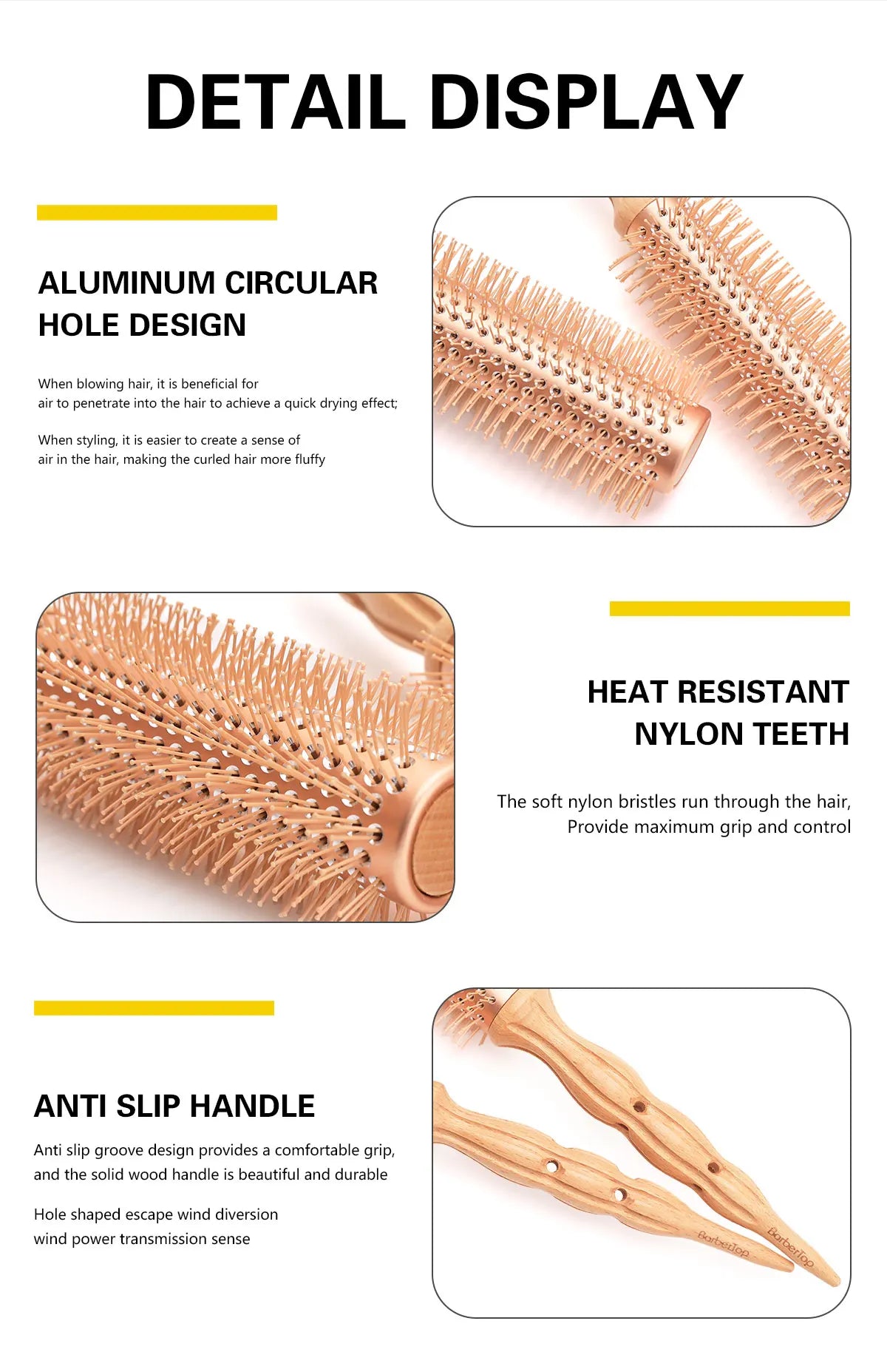 Professional Wood Round Curly Combs For Women Hairdressing Massage Brush Salon Barber Aluminum Tube Hair Styling Comb New Type