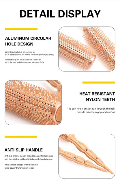 Professional Wood Round Curly Combs For Women Hairdressing Massage Brush Salon Barber Aluminum Tube Hair Styling Comb New Type