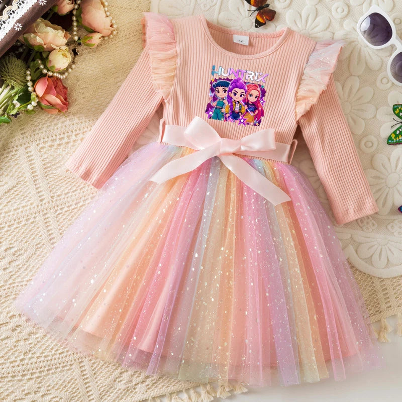 K-Pop Hunters Zoey Mira Rumi Colorful Princess Dress for Kids Girls Casual Long Sleeve Sequin Mesh Dresses Party Gift 1-5Y