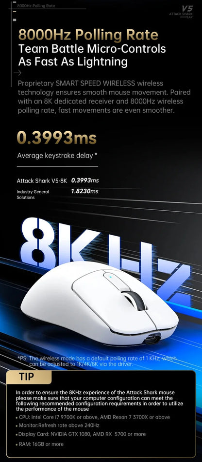 ATTACK SHARK V5 Wireless Gaming Mouse 3-Mode Ultra-Lightweight PAW3950MAX 8KHz Polling Rate For PC Gamer Accessories Gift