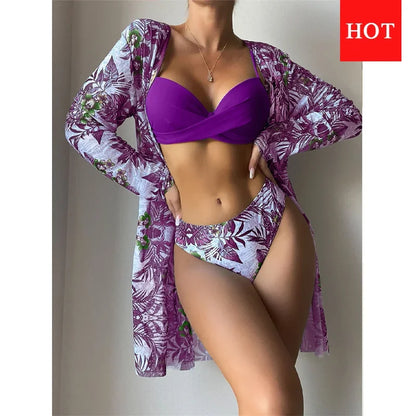 Three Pieces Bikini Set Cover Up Women 2023 New Push Up Twist Swimsuit Print Long Sleeve Swimwear Biquini Bathing Suit Summer