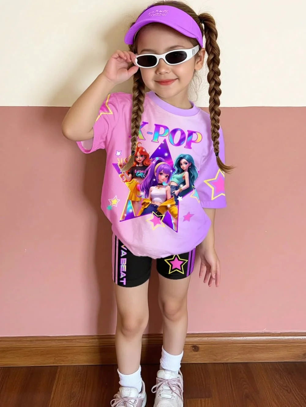 Kpop Cartoon Graphic New T-Shirt and Pants Set Girls' Summer Clothing Cute Short Sleeve Set Children's T-Shirt and Shorts Set