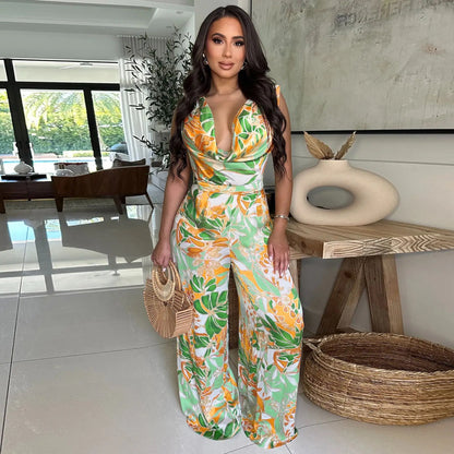 Summer Women 2025 Outfits Beach Jumpsuit Cover Up For Female Swim Swimsuit Sexy Tunic Sleeveless Lace Up Wide Leg Printed Romper