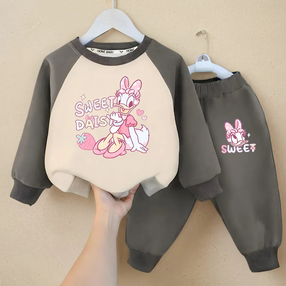 DISNEY DAISY DUCK Printed Spliced Long Sleeved Hoodies Sets for Girls 0-8years Spring Fall Kids Sweatpant Two Pieces Tracksuit
