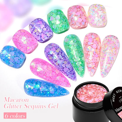 MEET ACROSS 6Pcs/Set 8ml Macaron Glitter Sequins Nail Gel Polish Heart diamond Shaped Nart Art UV Gel Varnish For Manicure