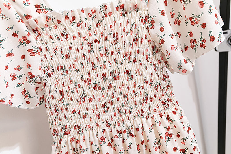 Floral Chiffon Smocked Midi Dress: Butterfly Sleeve Square Neck A-Line Gown