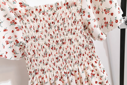 Floral Chiffon Smocked Midi Dress: Butterfly Sleeve Square Neck A-Line Gown